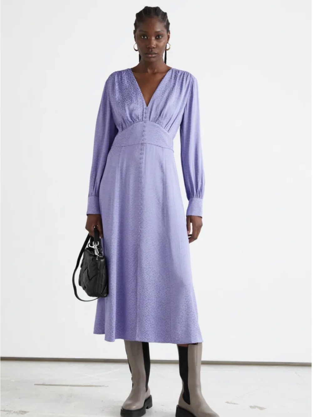 Voluminous Sleeve Jacquard Midi Dress